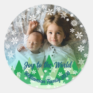 Christmas Trees White Snowflakes Joy to the World Classic Round Sticker