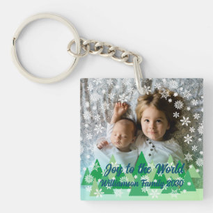 Christmas Trees White Snowflakes Joy to the World Keychain