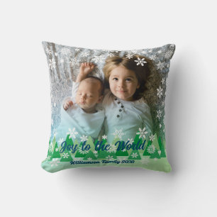 Christmas Trees White Snowflakes Joy to the World Throw Pillow