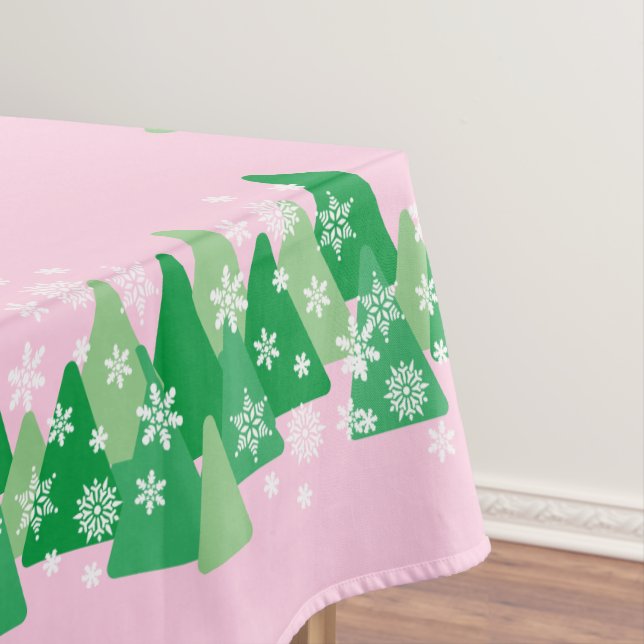 Christmas Trees White Snowflakes Pink Tablecloth (In Situ)