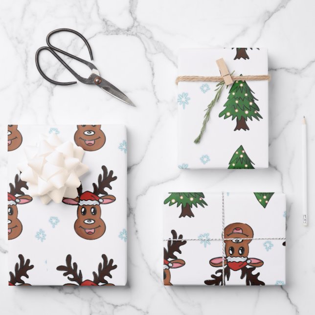 Christmas Trees Winter Raindeers Santa Snowflakes Wrapping Paper Sheets (Front)