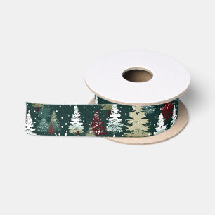 Christmas Trees Winter Snow Red Green Satin Ribbon