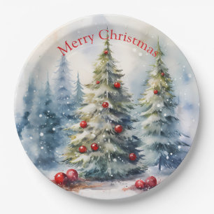 Christmas trees winter snowy landscape paper plates