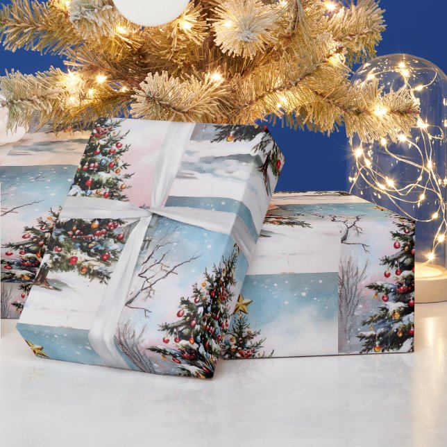 Christmas trees winter snowy landscape wrapping paper (Holidays)