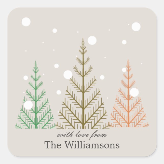 Christmas trees with falling snow square sticker (Front)