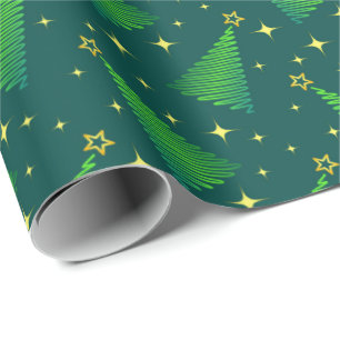 Christmas Trees with Gold Stars Wrapping Paper