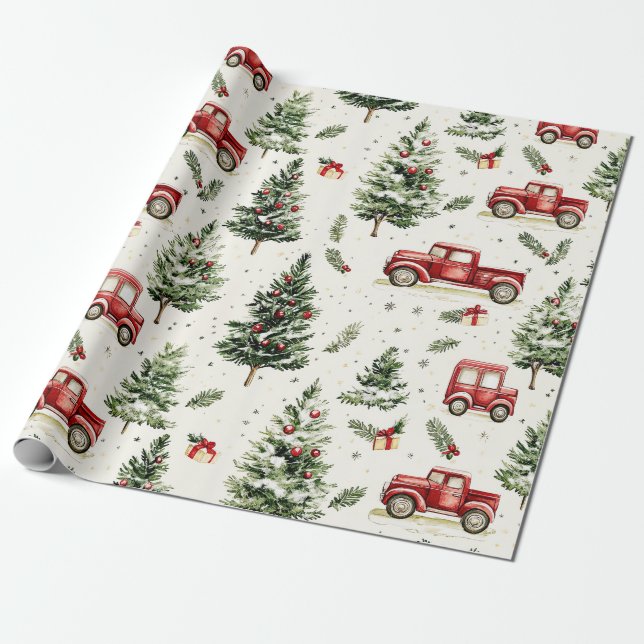 Christmas Trees With Red Trucks Wrapping Paper (Unrolled)