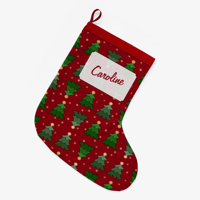 Christmas Trees with Stars and Custom Name Large Christmas Stocking (Front (Hanging))