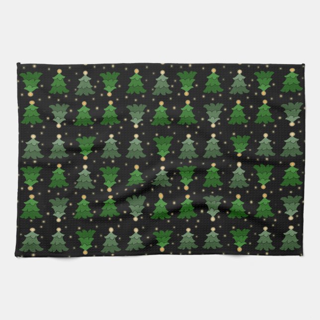 Christmas Trees with Stars on Black Kitchen Towel (Horizontal)