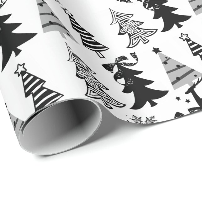 Christmas Trees Wrapping Paper Black White Gray (Roll Corner)