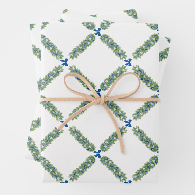 Christmas Trellis Blue Bow  Wrapping Paper Sheets (In situ)