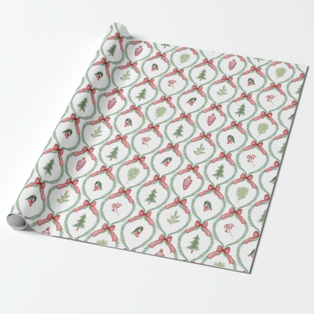 Christmas trellis red bows ornaments & foliage  wrapping paper (Unrolled)