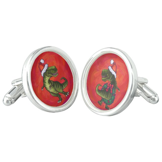 Christmas TRex Heads and Tails on Red Cufflinks (Angled)