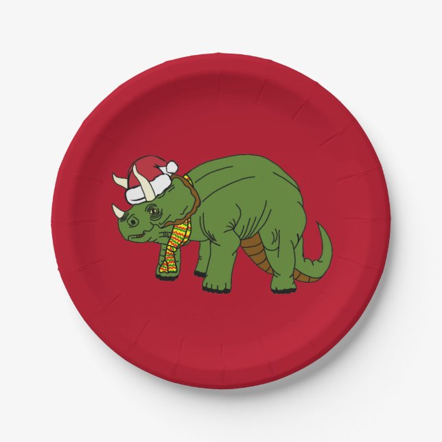 Christmas Triceratops Dinosaur Paper Plate (Front)