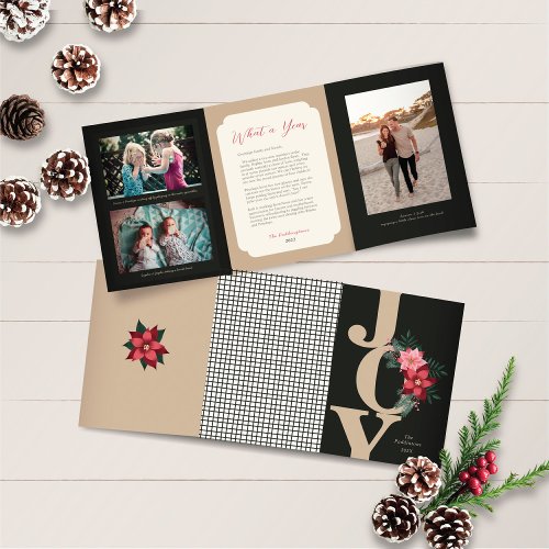 Christmas Trifold Photo Red Black Joy Floral