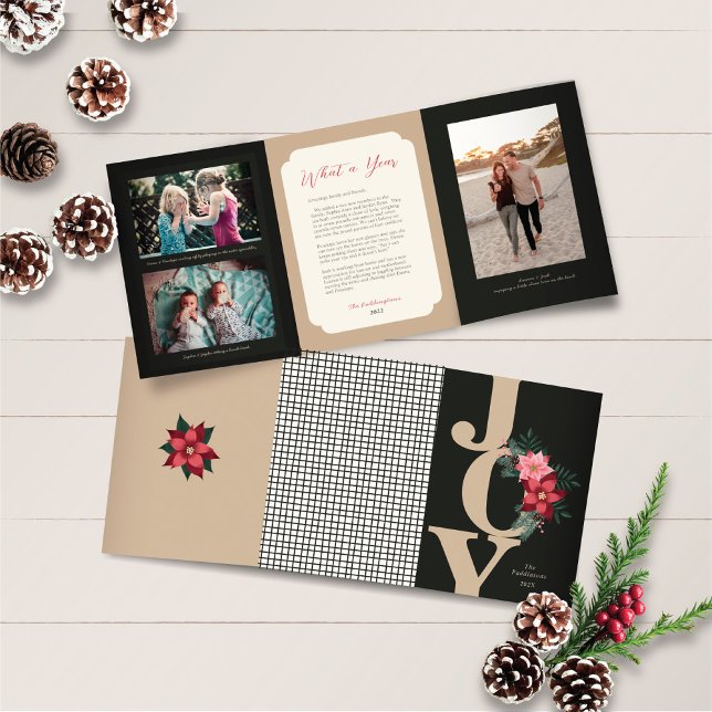 Christmas Trifold Photo Red Black Joy Floral (Creator Uploaded)