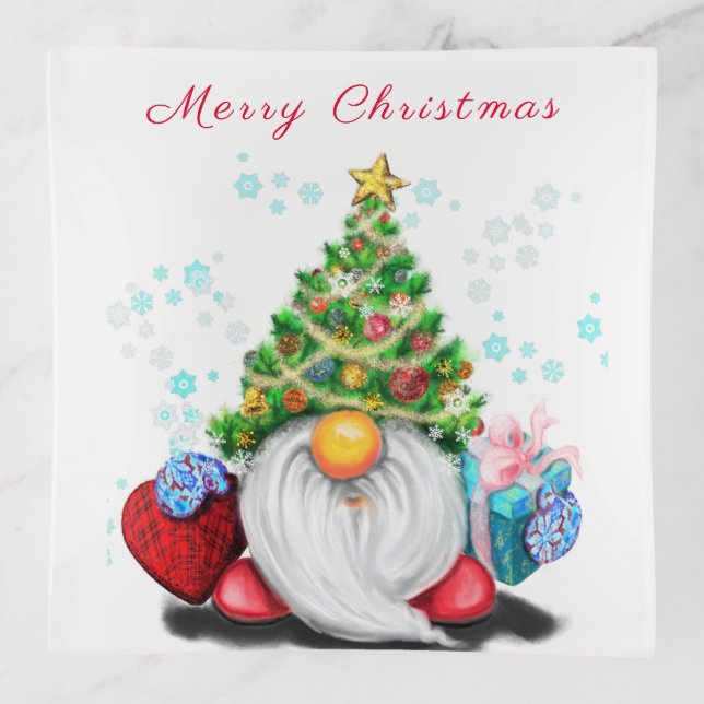 Christmas Trinket Tray Happy Gnome with Gift (Front)