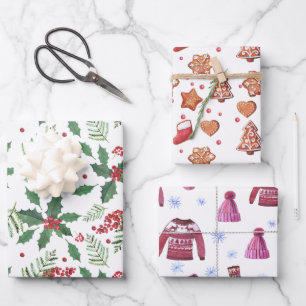Christmas Trio- Cookies, Holly Berries, & Sweaters Wrapping Paper Sheets
