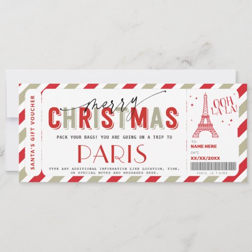 Christmas Trip to Paris Gift ticket Voucher Invitation