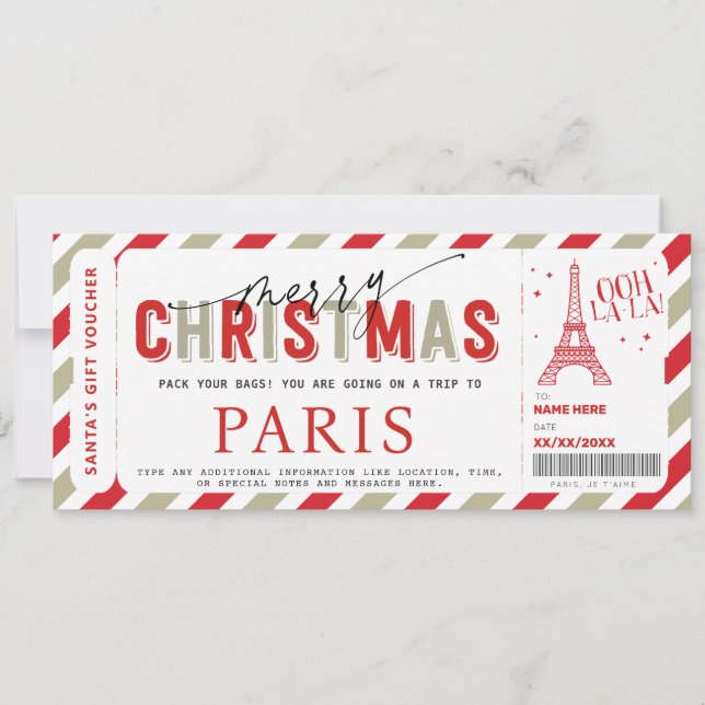 Christmas Trip to Paris Gift ticket Voucher Invitation (Front)