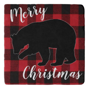 Christmas Trivet Red Plaid Black Bear