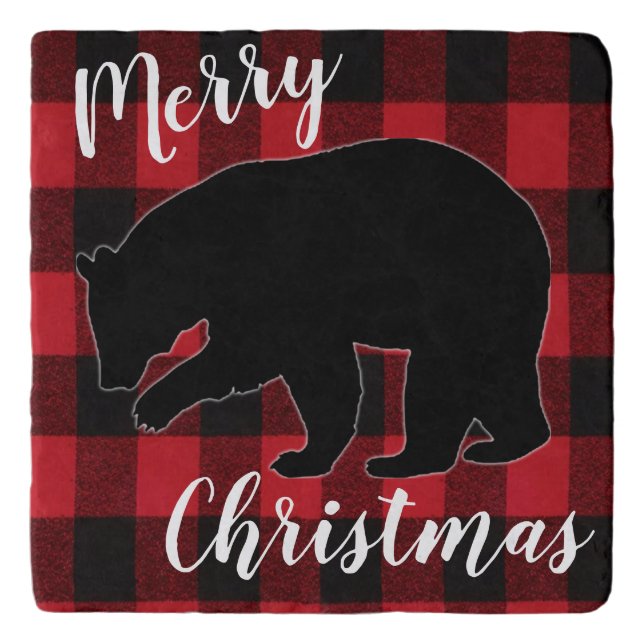 Christmas Trivet Red Plaid Black Bear (Front)