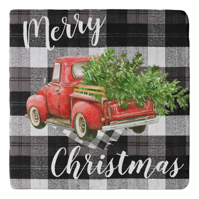 Christmas Trivet Red XMAS Truck Plaid Blac (Front)