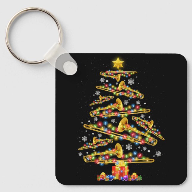 Christmas Trombone Player Xmas Tree Jazz Music Lov Keychain (Front)