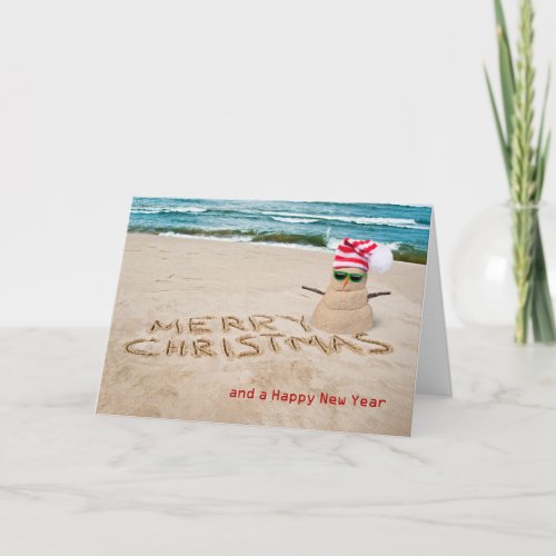 Christmas tropical beach snowman with hat holiday card