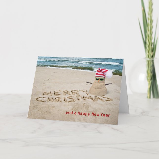 Christmas tropical beach snowman with hat holiday card (Front)