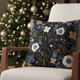 Christmas Tropical Coastal Blue Hibiscus Floral Throw Pillow