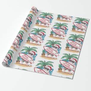 Christmas Tropical Palm Tree Beach Surfing Santa Wrapping Paper