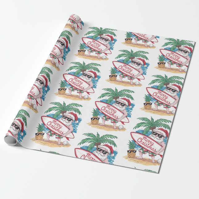 Christmas Tropical Palm Tree Beach Surfing Santa   Wrapping Paper (Unrolled)