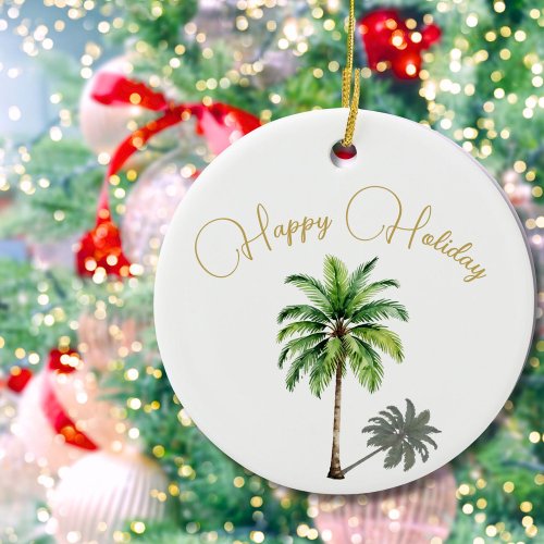 Christmas Tropical Palm Tree Gold Merry  Ceramic Ornament