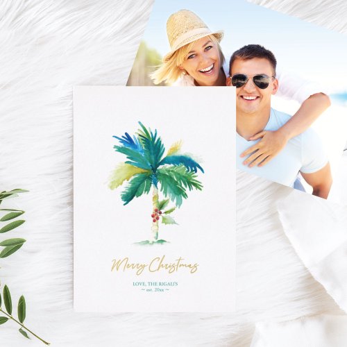 Christmas Tropical Palm Tree Watercolor Photo Foil Holiday Card
