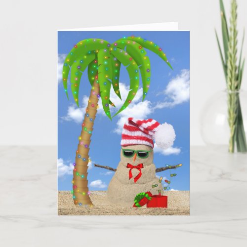 Christmas tropical sand man with palm tree holiday card