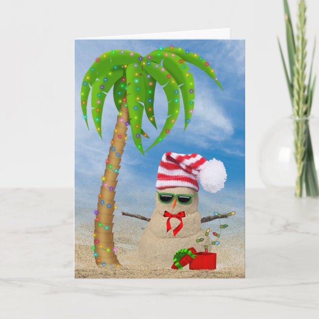 Christmas tropical sand man with palm tree holiday card (Front)