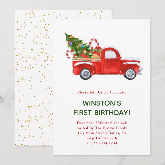 Christmas Truck 1st Birthday Party Invites (Front/Back)