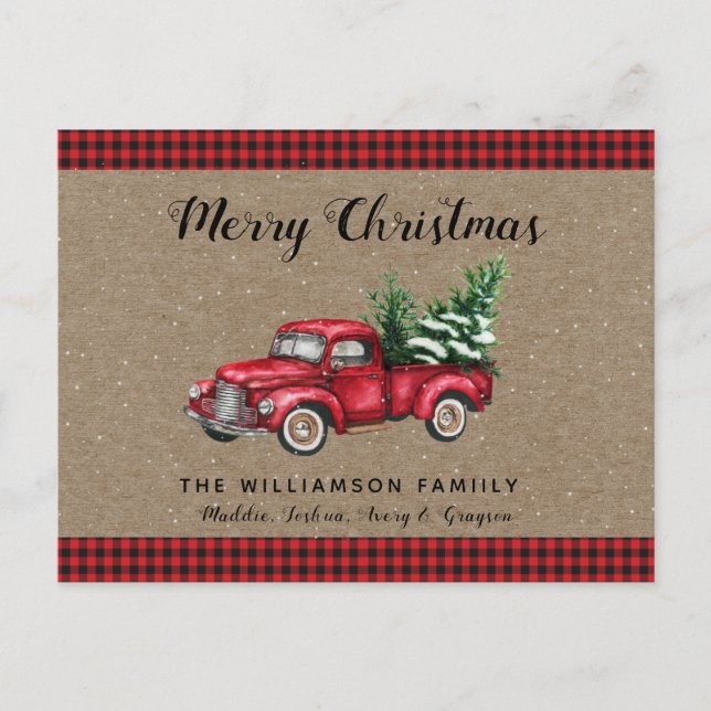 Christmas Truck and Tree Snowy Plaid Christmas  Postcard (Front)