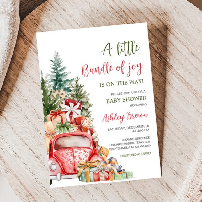 Christmas Truck Bundle of Joy Baby Shower  Invitation (Christmas Red Truck Baby Shower Invitation)