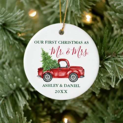 Christmas Truck Calligraphy Mr Mrs Red Green Ceramic Ornament