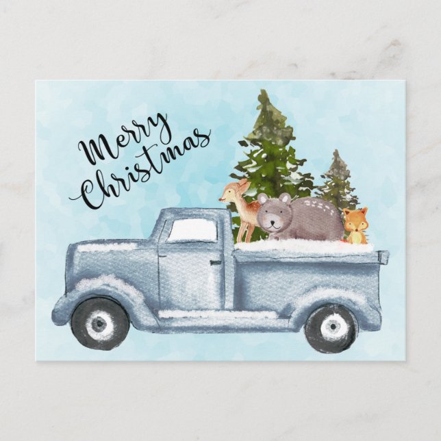Christmas Truck Carrying Trees & Animals Holiday Postcard (Front)