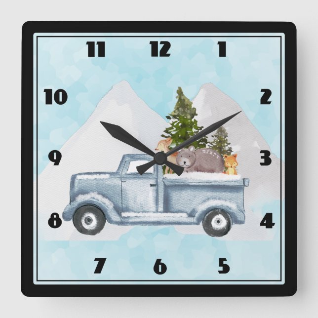 Christmas Truck Carrying Trees & Animals Square Wall Clock (Front)