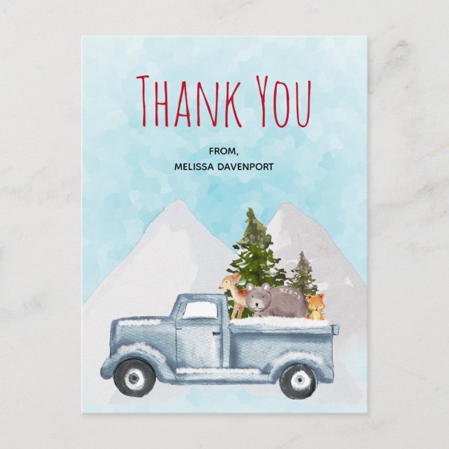Christmas Truck Carrying Trees & Animals Thank You Postcard (Front)