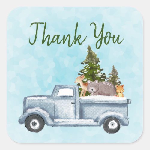 Christmas Truck Carrying Trees  Animals Thank You Square Sticker
