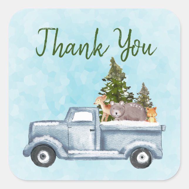 Christmas Truck Carrying Trees & Animals Thank You Square Sticker (Front)