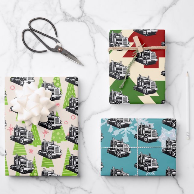 Christmas Truck Equipment Eighteen Wheeler Cool Wrapping Paper Sheets (Front)