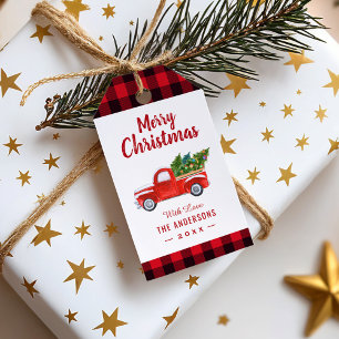 Christmas Truck Red Buffalo Plaid Merry Christmas Gift Tags