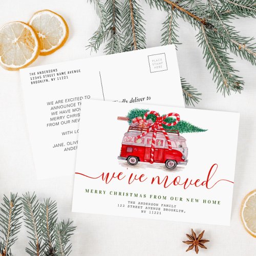 christmas truck red script moving announcement postcard