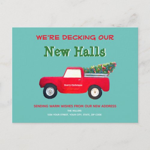 Christmas Truck Red Teal Decking New Halls Moving Postcard